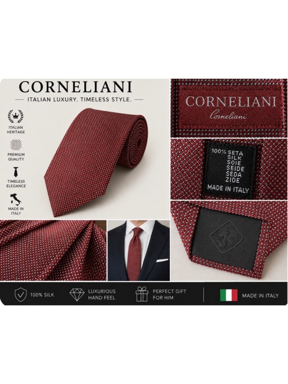 Men's Corneliani Silk Tie Red and Silver New! Italian Luxury